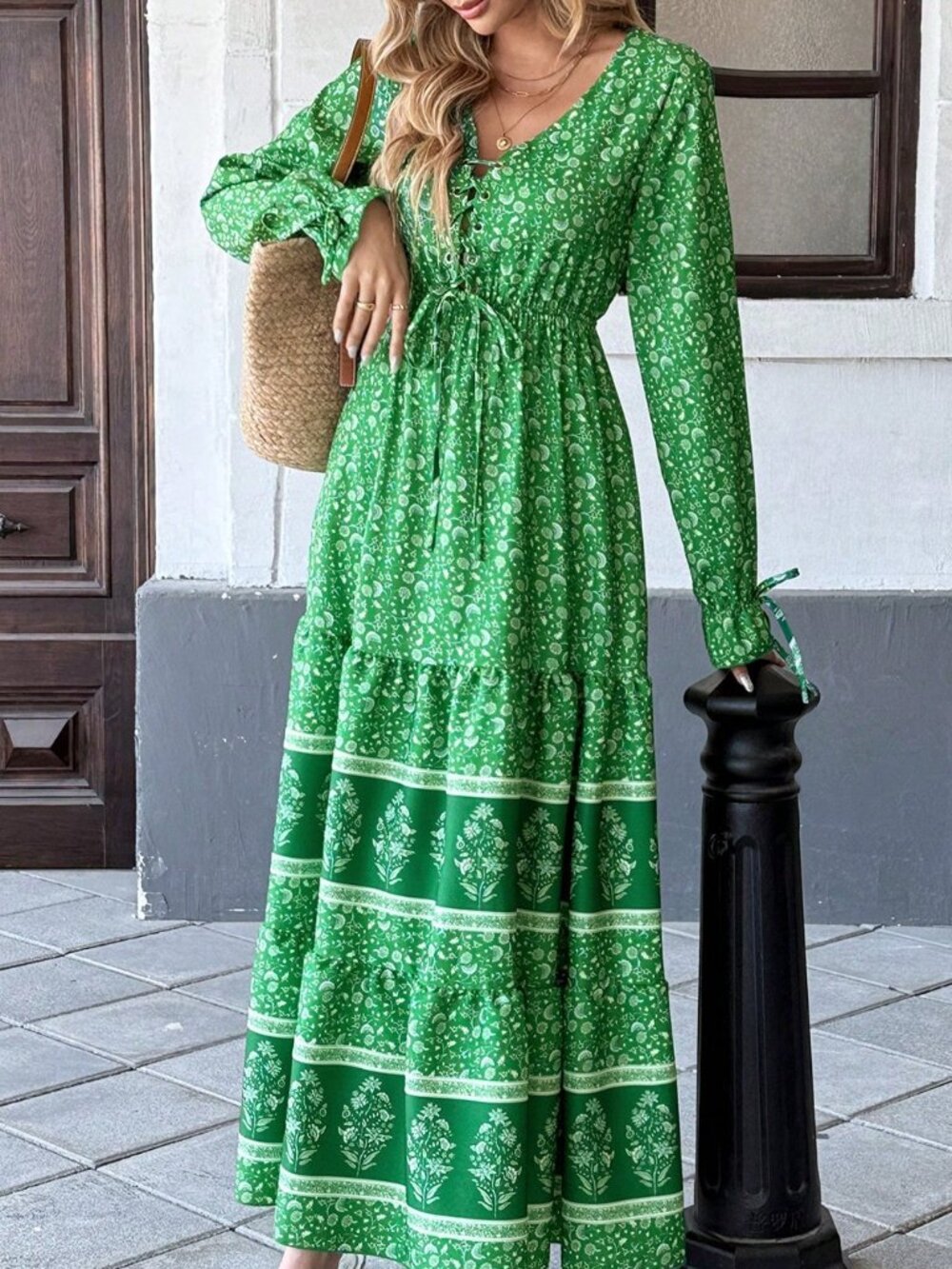 Green Boho Women's Floral Print Knot Front Flounce Sleeve Ruffle Hem Maxi Dress - Picture 4 of 5